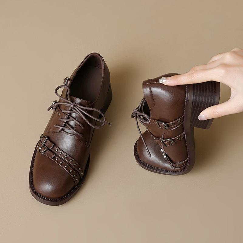 Fashion NEW Spring/Autumn Women Loafers Round Toe Chunky Heel Shoes Split Leather Shoes Women Rivet Lace-up Women Pumps Handmade Shoes