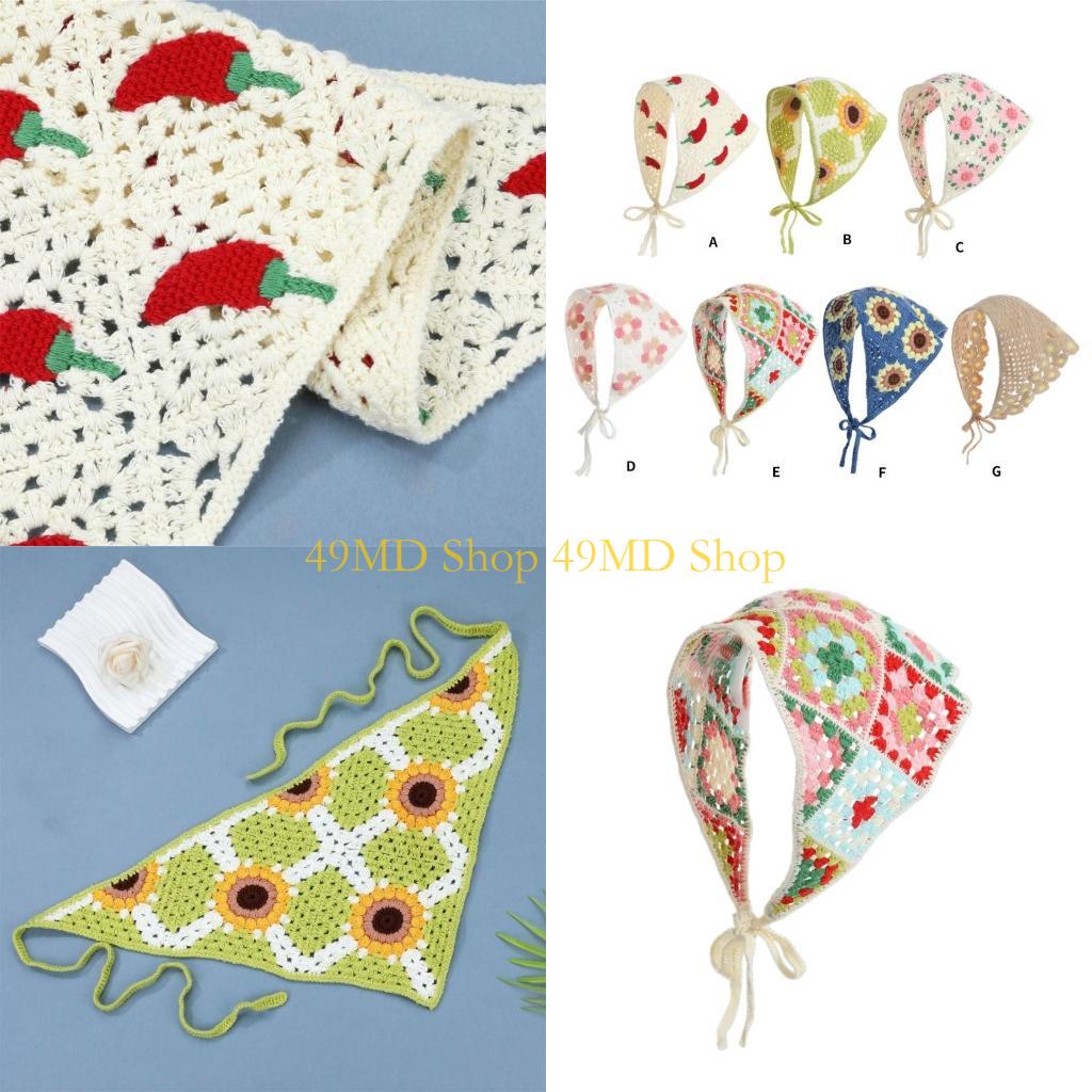 49MD French Crochet Headscarf Hairband for Women Hair Bandanas Ethnic Decorative Headband Bohemian Flower Photo Hair Scarf