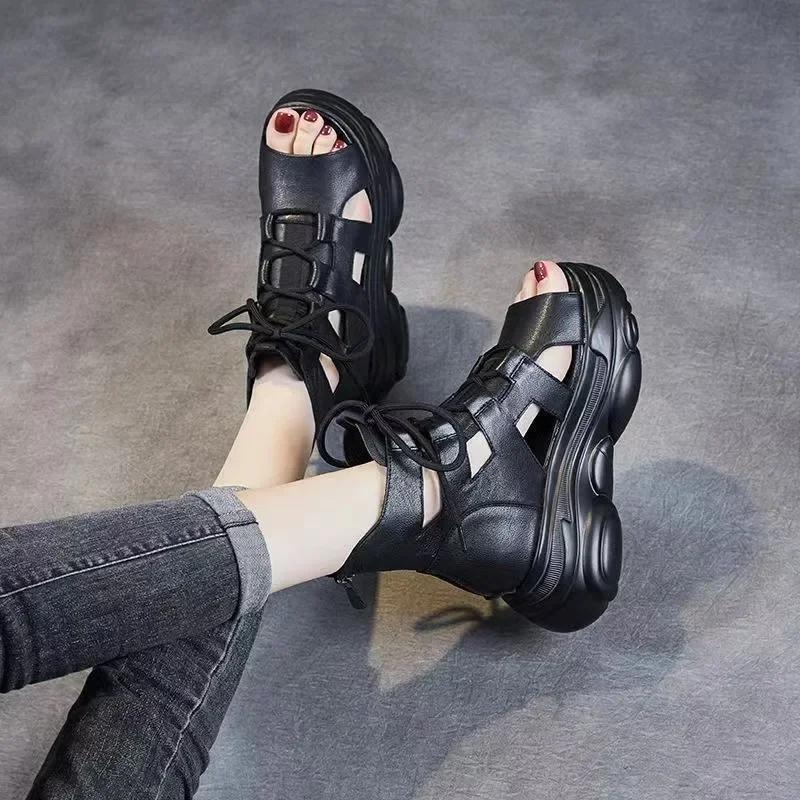 Fashion 2024 New Fashion Platform Sandals Women Cross Genuine Leather Wedges Platform Heel Gladiator Sandals Women Summer Roman Shoes