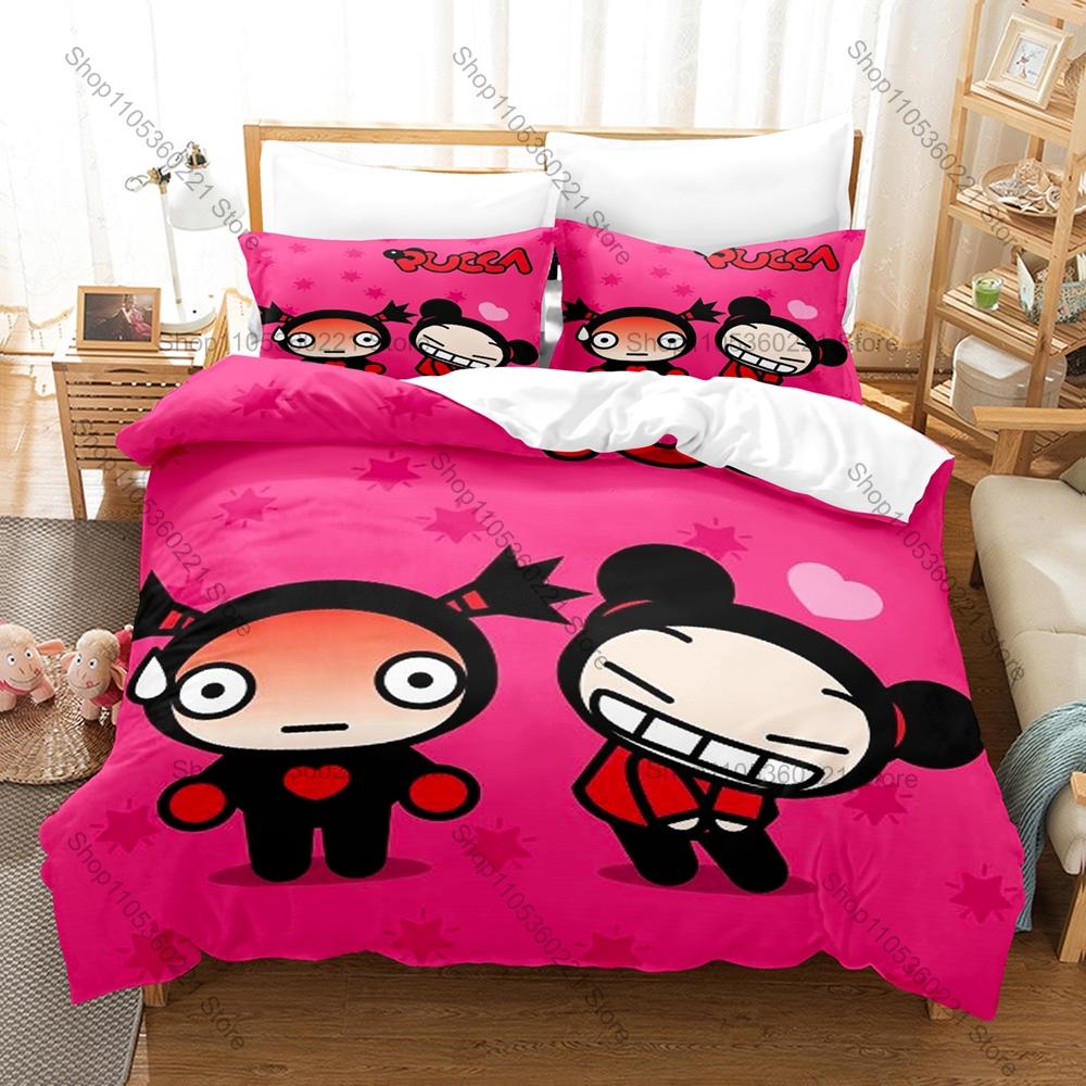 Cool Cartoon Pucca & Garu Bedding Set 3 Piece Lovely Kpop Pattern Duvet Cover Set Single Twin Full Queen King Size Decor