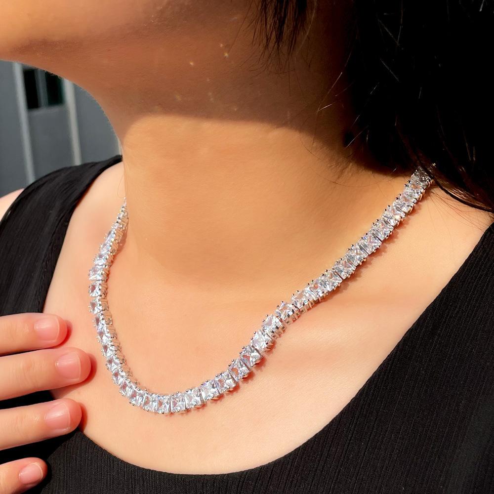 Hip Hop Rap Hipster Naszyjnik z Pełnymi Diamentami Jednorzędowy Kwadratowy Diament Cyrkonia Łańcuszek na Szyję Akcesoria Biżuteria