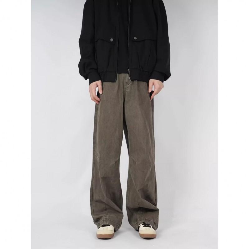 Men Women Straight Fit Cargo Jeans Brown Patchwork Vintage Washed Denim Pants Streetwear Casual Trousers