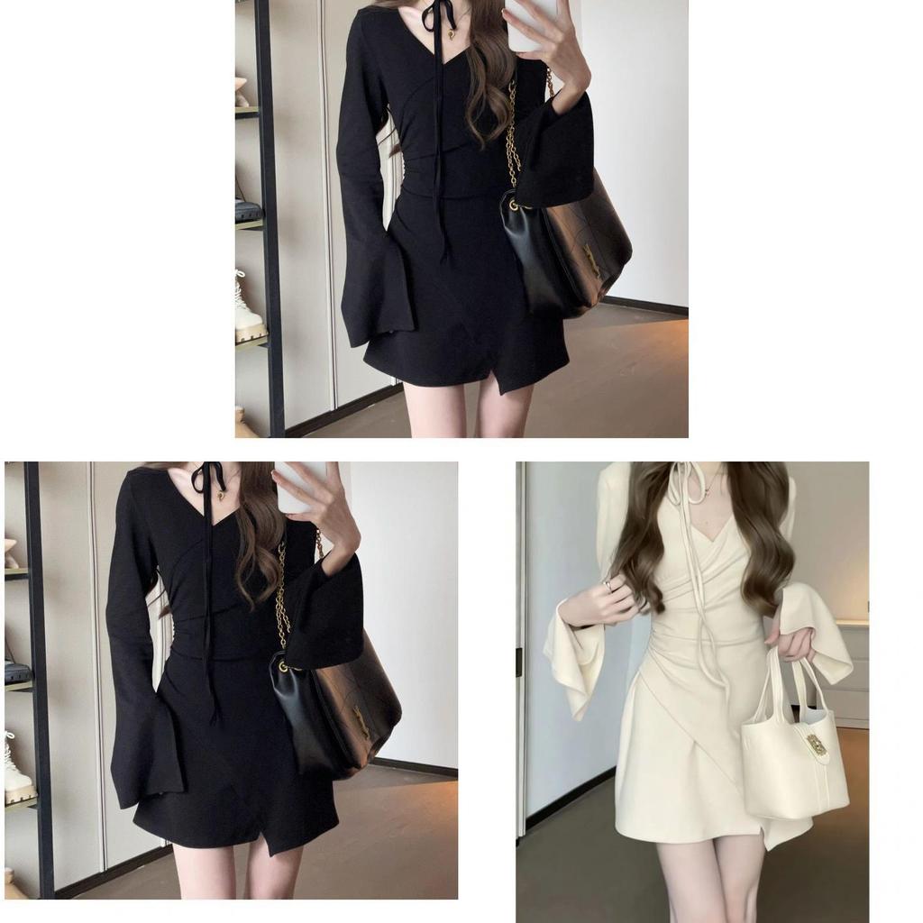 French V Neck Knit Dress With Long Sleeves For Casual And Travel Wear