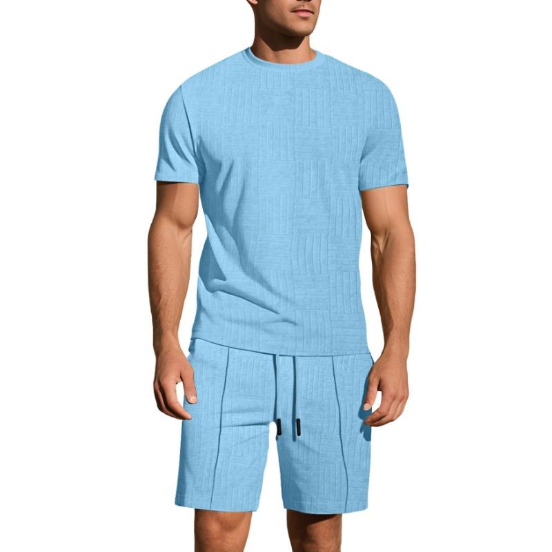 Men's Casual 2 Piece Textured Grid Knit Outfit Crew Neck Short Sleeve T-shirt & Elastic Waist Drawstring Shorts Loungewear Set Navy Blue