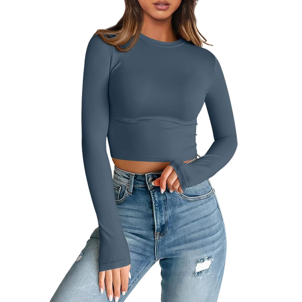 Women's Fashion Neckless T-Shirt Basic Slim Color Long Sleeve Top