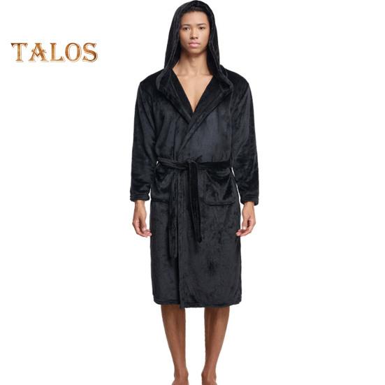Herren-Nachthemd mit Kapuze, langen Ärmeln, Gürtel, Flanell-Bademantel mit Taschen, einfarbig, schnelltrocknender Stoff, knielang, Loungewear-Robe