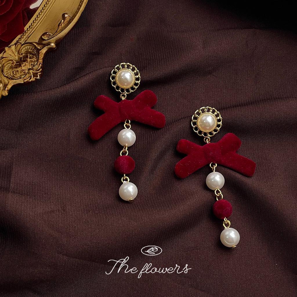 

Handmade Flocked Bow Long Christmas Earrings - Original Design
