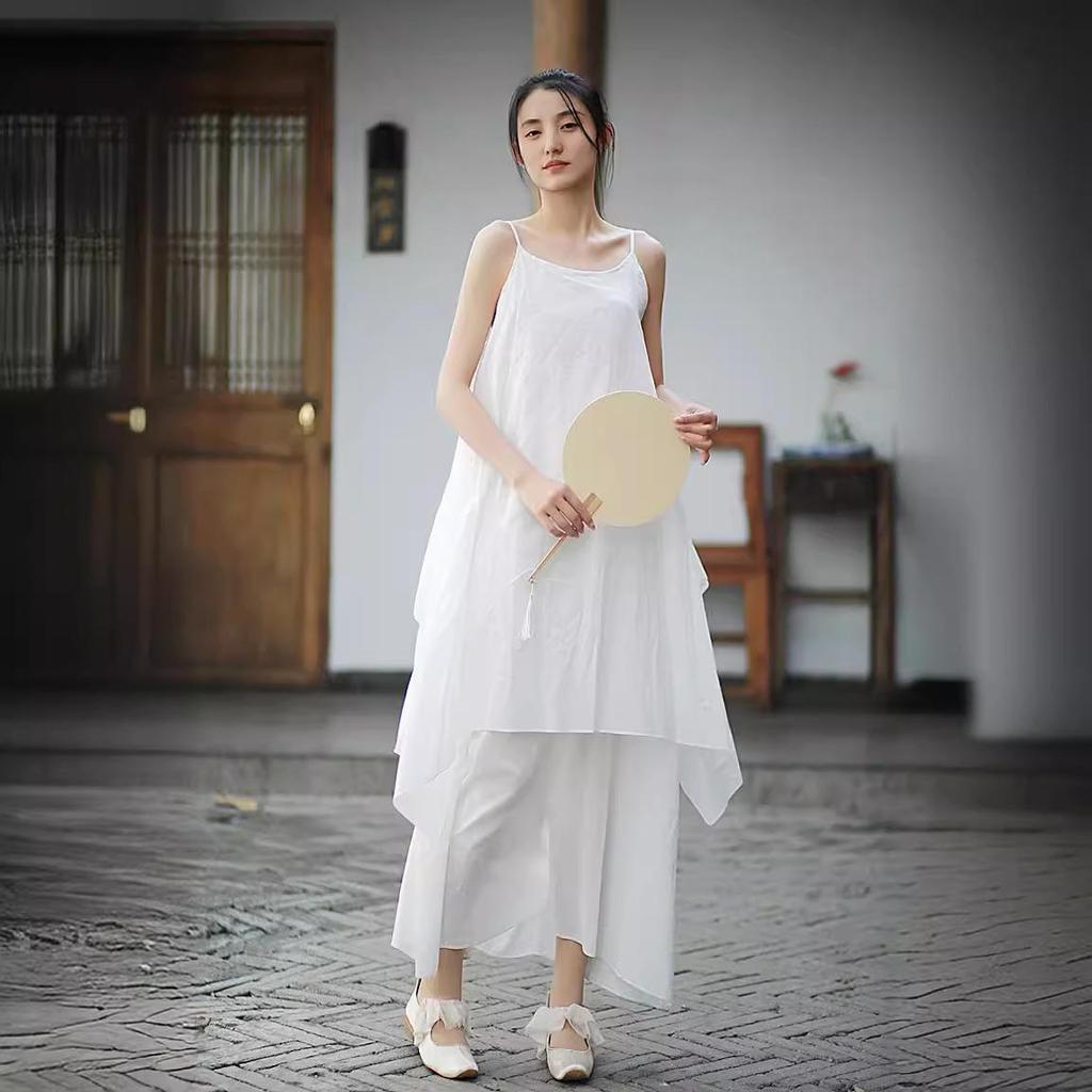 Jarní a letní zenová bavlněná dvouvrstvá asymetrická sukně na ramínka