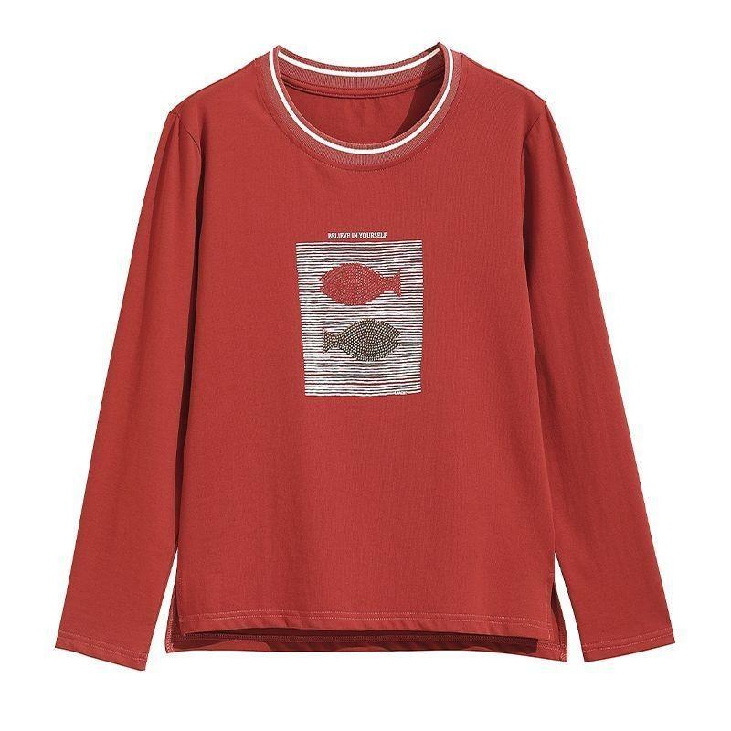 Autumn New Middle-aged and Elderly Mothers Hot Diamond Loose Bottoming Long-sleeved Trendy T-shirt Tops for Women