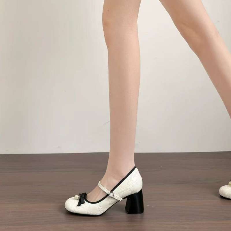 Bow Small Fragrant Style High Heel Mary Jane Shoes Women's 2025 New Spring Pearl Square Head Temperament Thick Heel Single Shoes