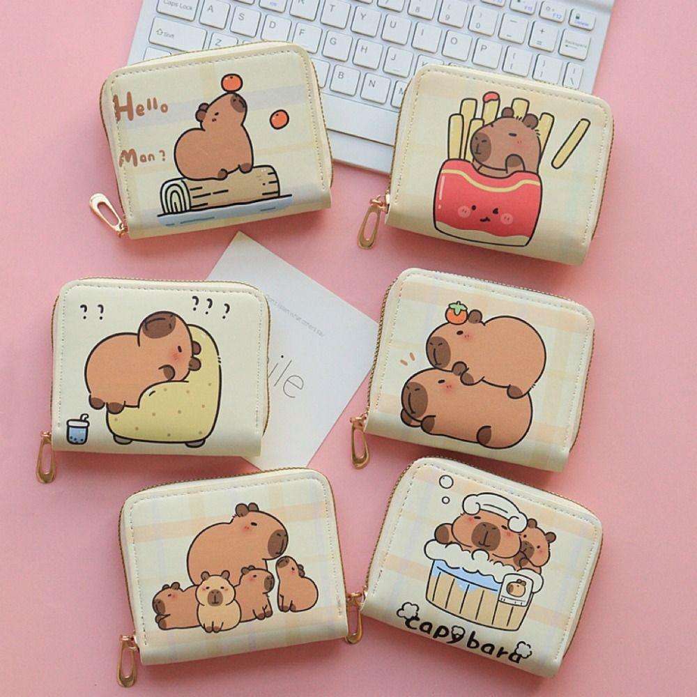 Cute Cartoon Capybara Short Wallet PU Leather Zipper Coin Purse Multi Slot Credit Card Holder Waterproof Storage Bag Key Bag