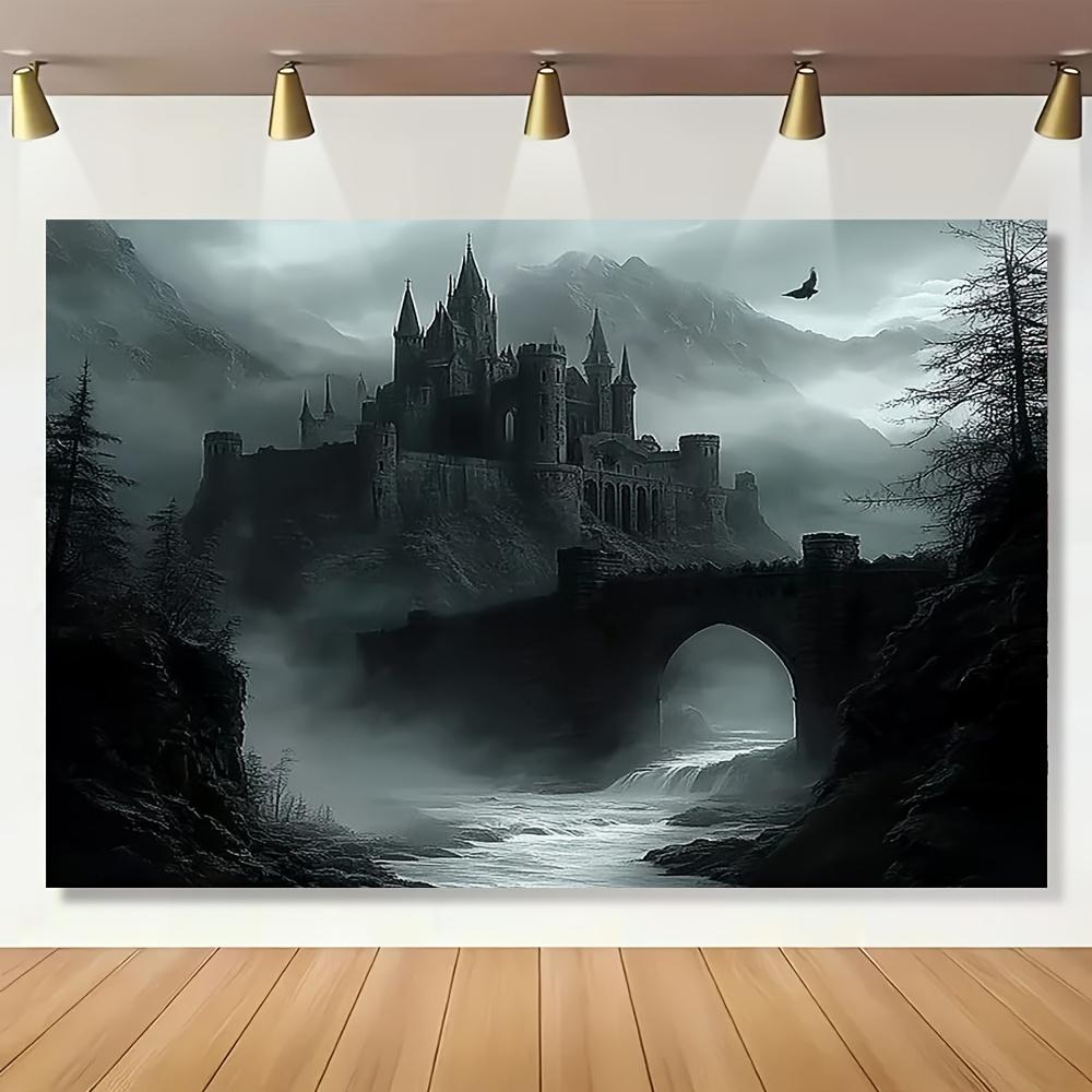 2D graphic design 1 large Gothic castle wall decoration banner - Medieval style misty mountains and dark river landscape.PMJ