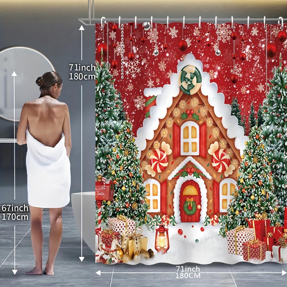 4Pcs Xmas Cottage Bath Set,Printed Shower Curtain,Non-Slip Mat, Toilet Cover,Bath Rug,12 Hooks, Bathroom Accessories, Home Decor