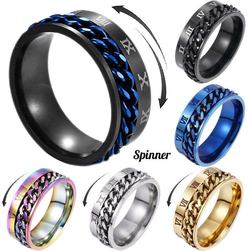 Anxiety Fidget Ring For Men Punk Titanium Stainless Steel Black Blue Spinning Spinner Rotatable Chain Rotating Rings Homme Gift
