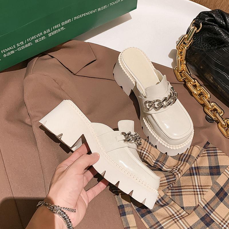 Autumn New Baotou Slippers Women's Round Head Deep Mouth Metal Chain Soft Sole Anti-slip Wear-resistant High Heels