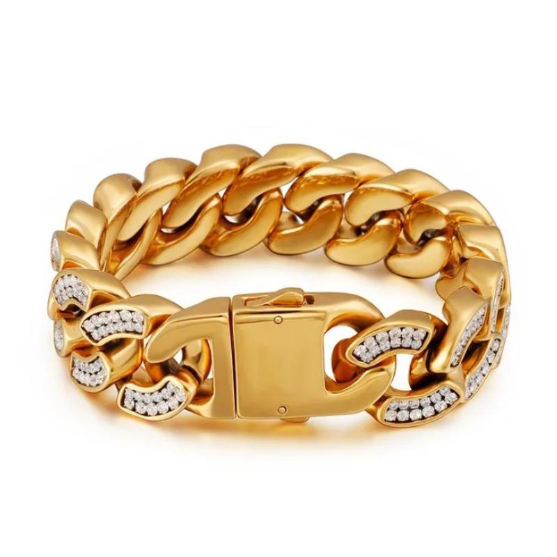 Heavy Punk Gold Color Curb Cuban Chain Bracelet CZ Zircon Men Women Hiphop Black Stainless Steel Bike Biker Bangle Jewelry
