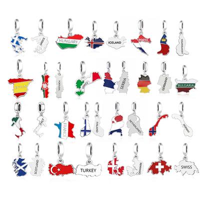 Charms Poêle en Argent 925 Adaptés au Bracelet Original Europe Grèce Islande France Italie Finlande Drapeau Carte Perle à Suspendre pour la Fabrication de Bijoux