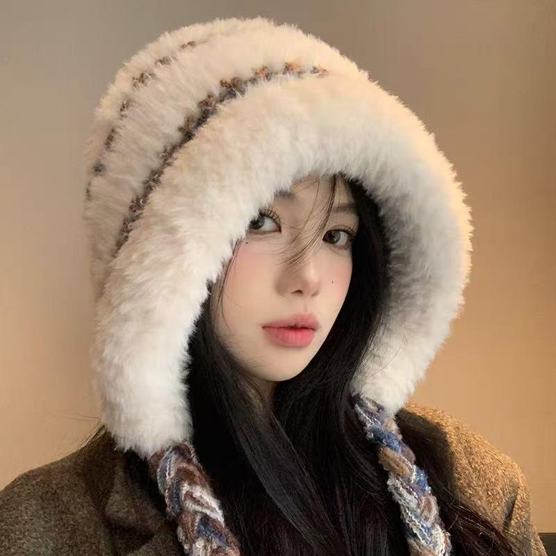 New Plush Hat Women's Autumn and Winter Warm Ear Protection Wool Hat Shows a Small Face Knitted Hat Bag Dual-purpose