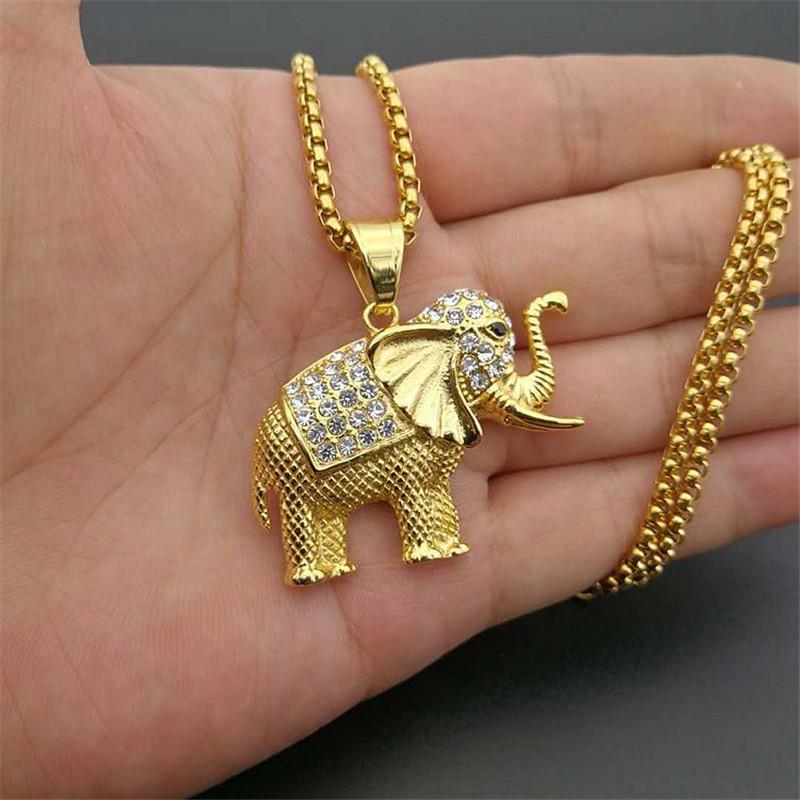 Stainless Steel CZ Animal Elephant Necklace Pendant & Chain Hip Hop Gold Color Iced Out Bling Fashion Women Lucky Jewelry Gift