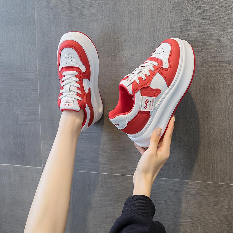 Slope Heel Thick Sole Heightening Little White Shoes Autumn New Round Head Lace-up Casual Board Shoes Versatile and Comfortable