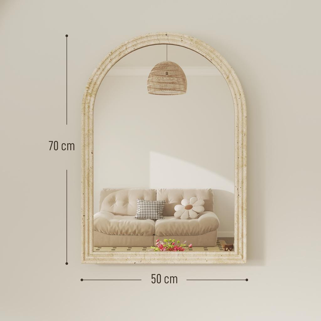 Arched Wall Mirror, Grooved Edge, Hooks, Tempered Glass, 50 x 70 cm, Beige