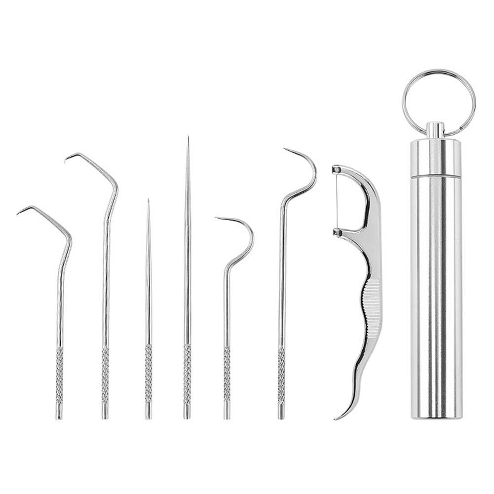 

Набор из 7 зубочисток из нержавеющей стали, портативные инструменты для чистки полости рта, зубная нить, артефакт, поход на природу, многоразовая зубочистка слоновая кость