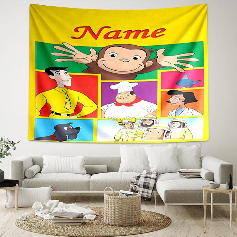 Custom Name Curious George Print Tapestry, Backdrop, Easy Setup, Ideal for Bedroom, Office & Living Room, with Aesthetic Wall Hanging Decor.