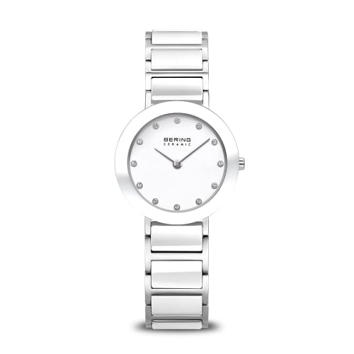 

BERING Women s Analog Quartz Watch from the Ceramic Collection, featuring a Stainless Steel/Ceramic Strap and a White/Silver Sapphire Crystal Link Str