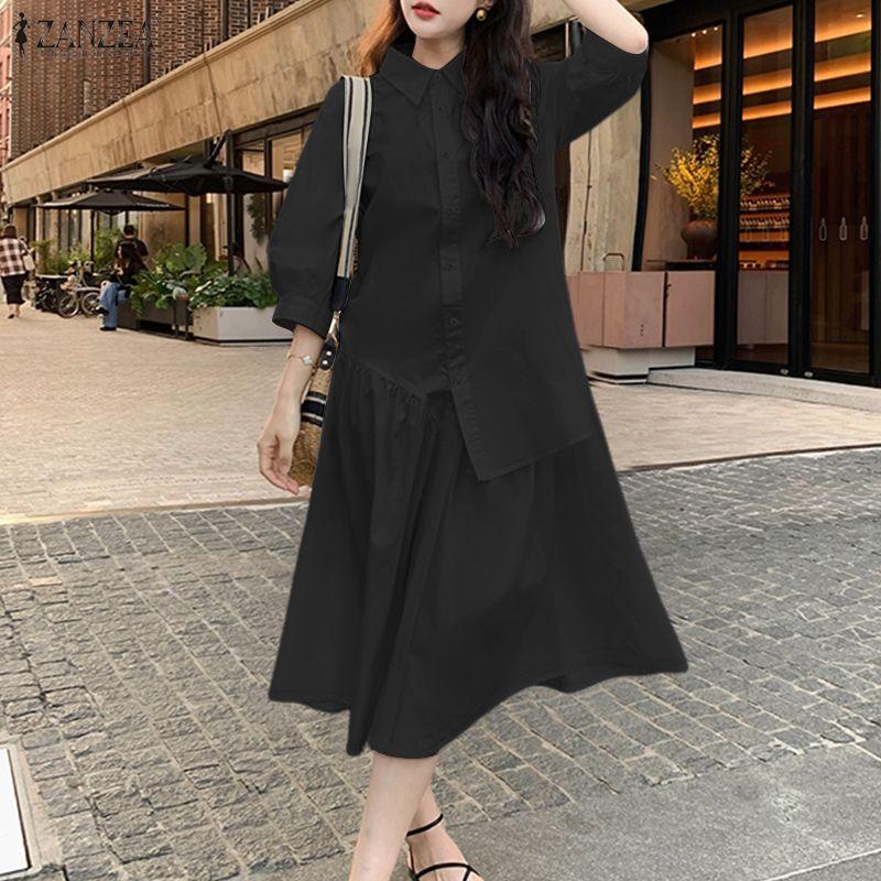 ZANZEA Women Turn Down Collar Long Sleeve Loose Casual Shirt Dress