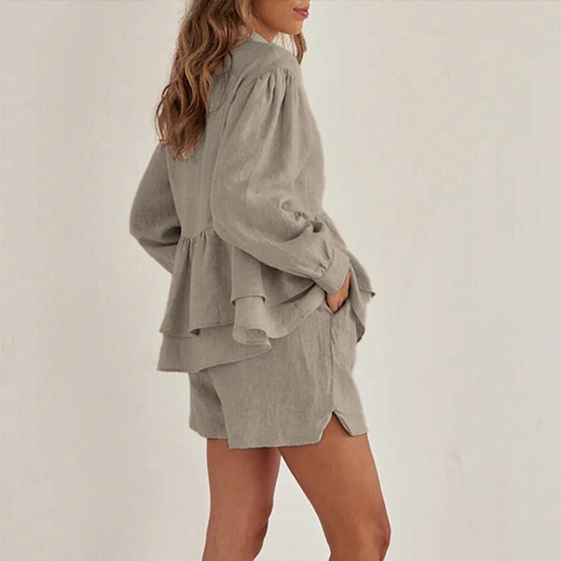 Women's Collar Double Layered Lace Shirt Shorts Set Solid Color Pleated Decoration Women's Summer Set Daily Casual Style Lady Clothes