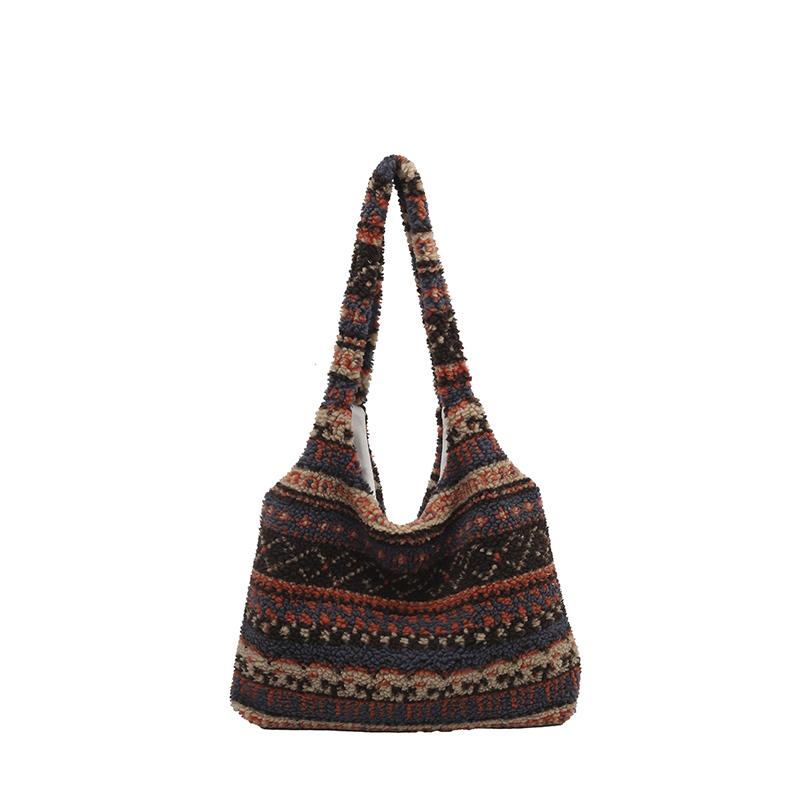 Vintage Handmade Bohemian Velvet Tote Bag Trendy Natural Material Crochet Shoulder Bags Hobo Bags Spacious chic for Daily
