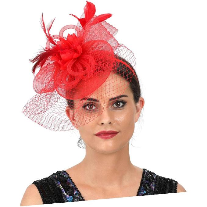 MAGICLULU Fascinator Hat with Mesh Flower and Plume Decoration, Red Cocktail Headband Hair Clip for Women, Tea Party and Wedding Special Occasion