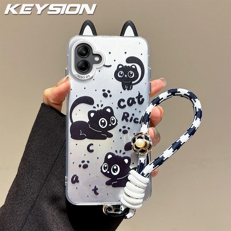 KEYSION Cute Ear Cartoon Case for Samsung A07 A06 4G A05 with Lanyard Soft Silicone+PC Shockproof Phone Cover for Galaxy A05 A06 A07