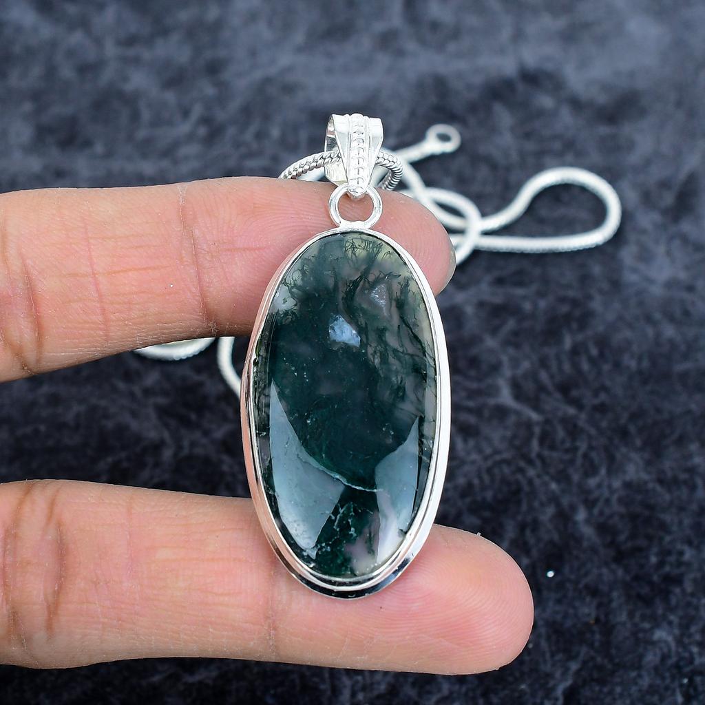 Indian Moss Agate Gemstone 925 Sterling Silver Jewelry Pendant 2.29" M-2876