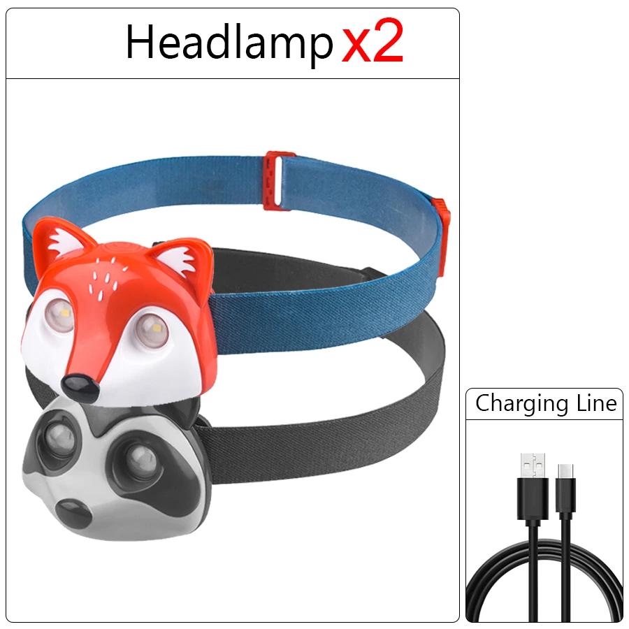 XIWANGFIRE Children's Exploration Headlamp Cute LED Fox Raccoon Shaped Lamp TYPE-C Rechargeable Portable Outdoor Waterproof Tool