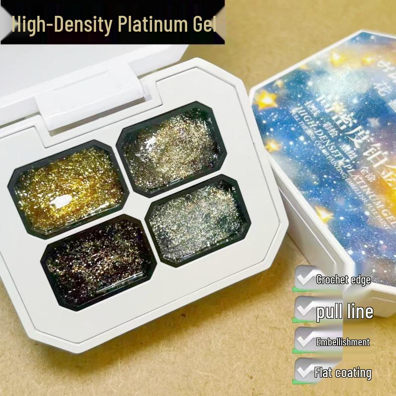 2025 Gel Nail Art: 4 Colors - Gradient Blush, Black, White, Red with Fine Glitter & Iridescent Platinum. High Saturation Painting Gel.