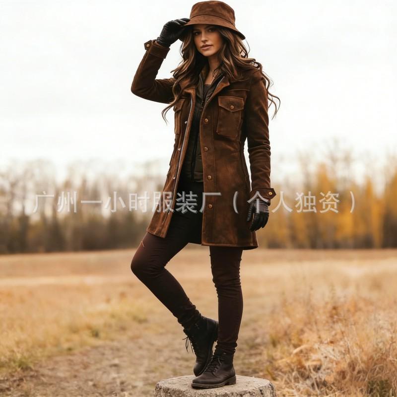 Womens Retro Brown Suede Jacket Loose Fit Mid-Length Casual Coat With Lapel Collar Zipper