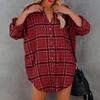 Women's Long Sleeve Plaid Shirt Dress V Neck Button Down Casual Loose Fit Tunic Top with Roll Tab Sleeves and Side Pockets for Autumn Winter