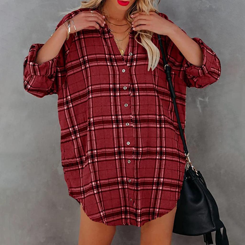 Women's Long Sleeve Plaid Shirt Dress V Neck Button Down Casual Loose Fit Tunic Top with Roll Tab Sleeves and Side Pockets for Autumn Winter