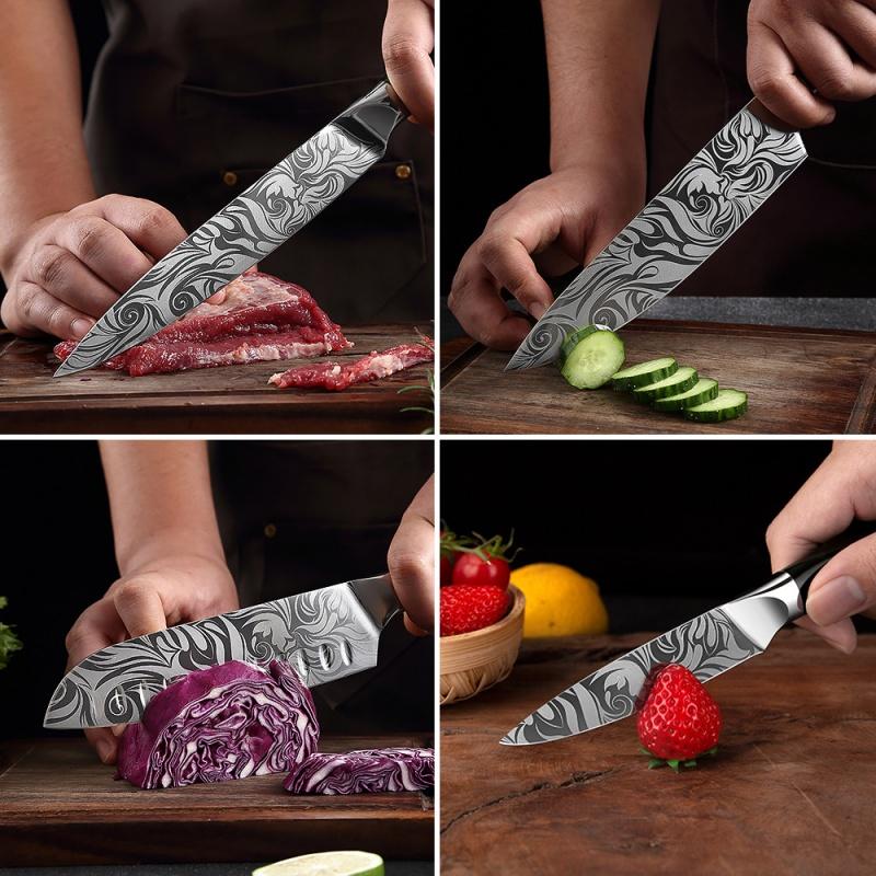 10Pcs/set Stainless Steel Damascus Pattern Chef Knives Set Kitchen Knife Set Butcher Boning Knife Vegetable Knives Cutter