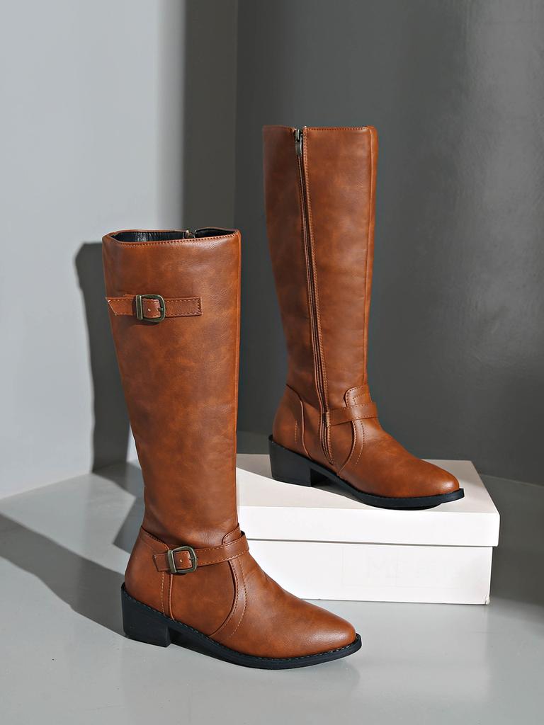 Women's High Boots 2025 Autumn and Winter New European and American Foreign Trade Large Size Thick Heel Super High Heel Square Buckle Zipper Boots