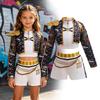 Girls Sequin Hip Hop Dance Outfit Set Crop Top Jacket Shorts with Purple Braid Wig Kids Jazz Stage Costume