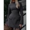 LYRIA Langermet Glidelås Bodycon Mini Kjole Med Lomme Ensfarget Elegant Antrekk Kontor Streetwear Dame Høst Vinter Klær
