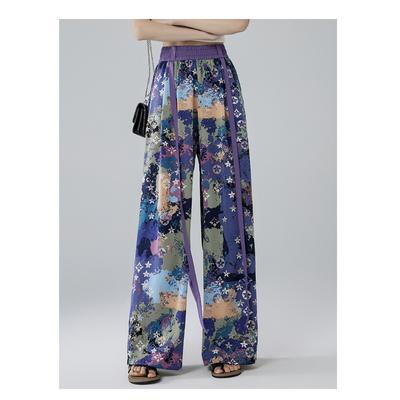 Ink Painting, Chinese Style Ice Silk Wide-leg Pants for Women, Summer Thin Tie-dye High Waist Drooping Casual Loose Pants