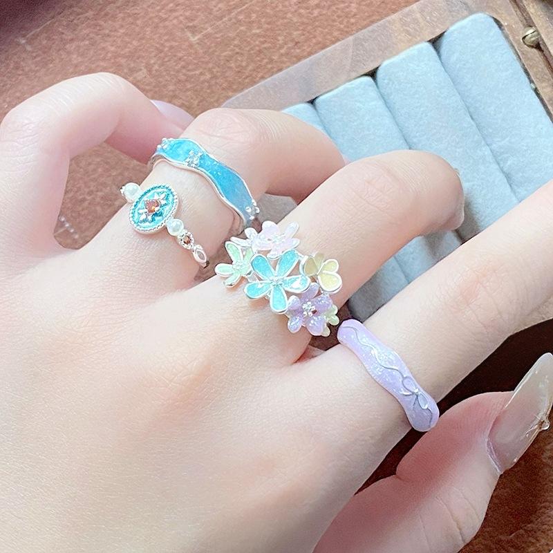 Dopamine Enamel Diamond Flower Opening Ring Sweet Light Luxury High Sense Exquisite French Niche Personality Ring