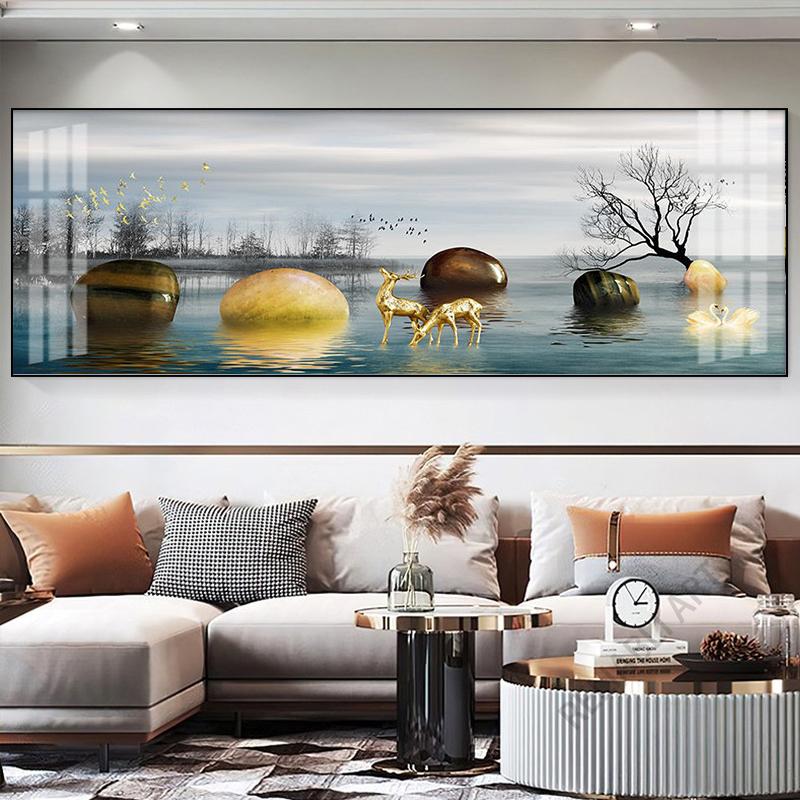New Chinese Fengshui Golden Zen Stone Canvas Painting Wall Art Rich Tree Posters Gold Deer Prints for Living Room Home Decor