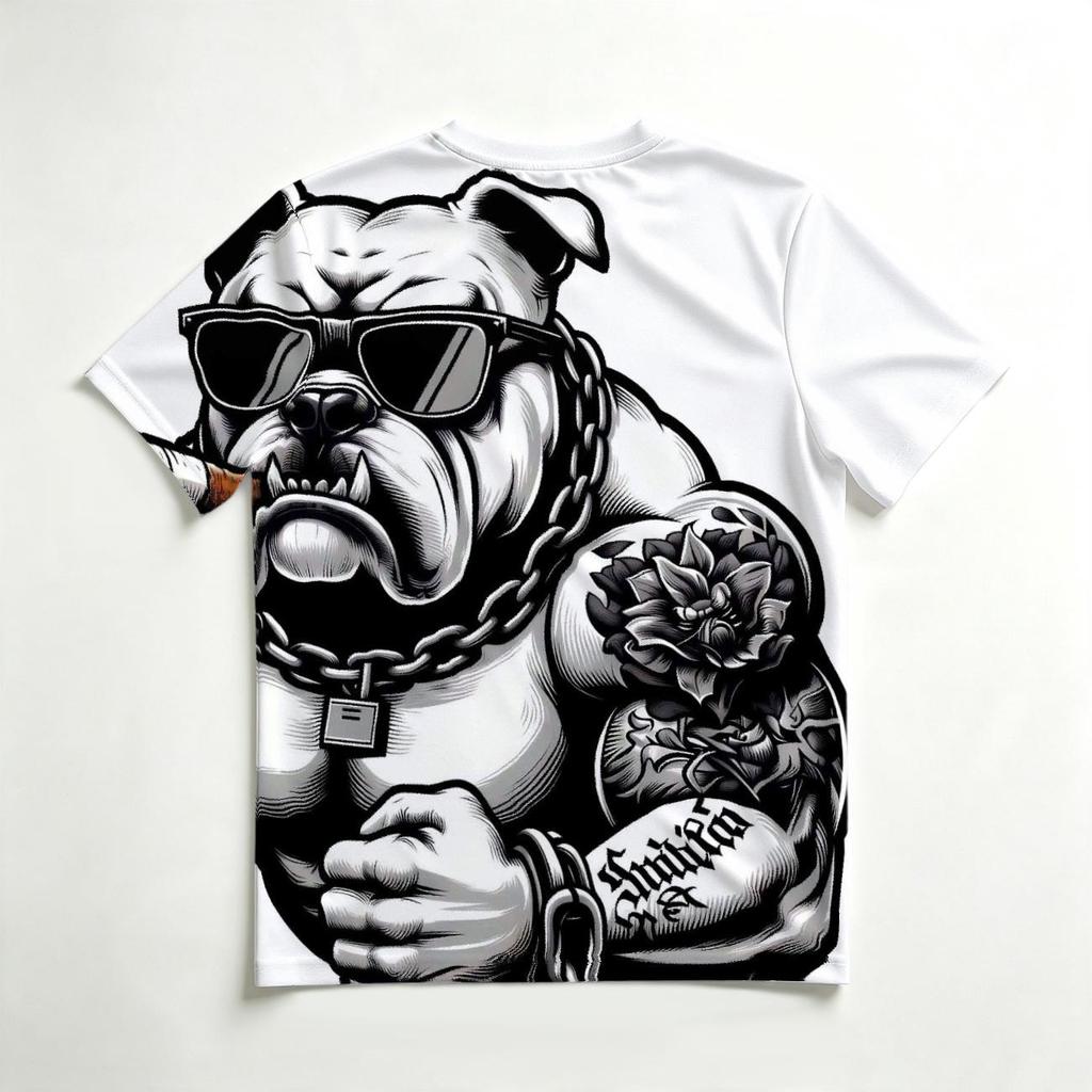 Men's Crew Neck Short Sleeve T-Shirt, Fashion 3D Cool Muscular Tattoo Bulldog With Sunglasses Cigar Graphic Casual Daily Wear Tee
