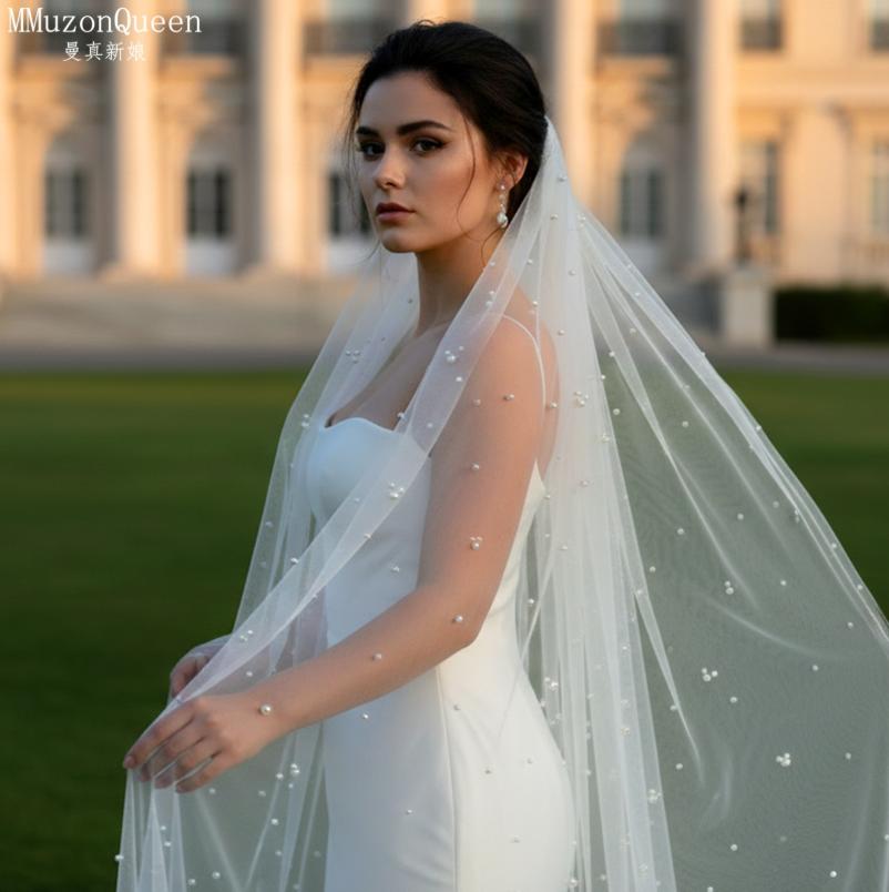 Einstufiger Tüll-Brautschleier mit Perlenbesatz und Metallkamm, 100 cm/200 cm lang, Weißer Hochzeitschleier für Braut, Elopement, Hochzeitsporträt, Fotoshooting