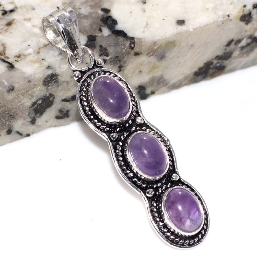 Exclusive Natural Amethyst 925 Silver Plated Pendant 1.9" Boho Chic Style C9d37