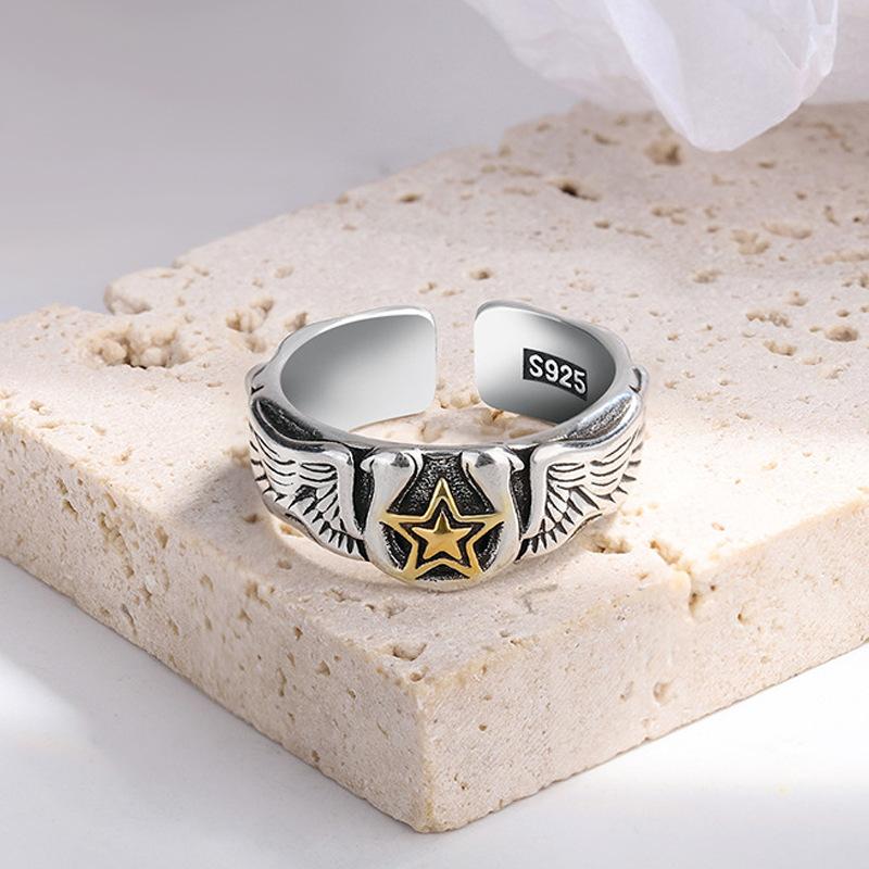 New Arrival Retro Eagle's Wings Star Design Thai Silver Men Hip Hop Punk Party Ring Jewelry for Male Christmas Gifts No Fade